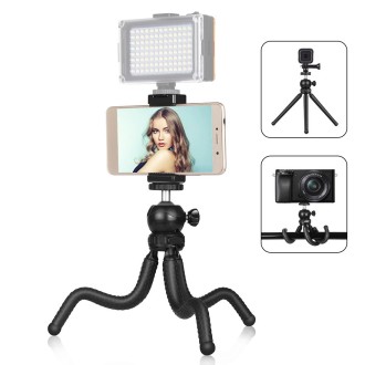 PULUZ Mini Octopus Flexible Tripod Holder with Ball Head & Phone Clamp + Tripod Mount Adapter & Long Screw for SLR Cameras, GoPr