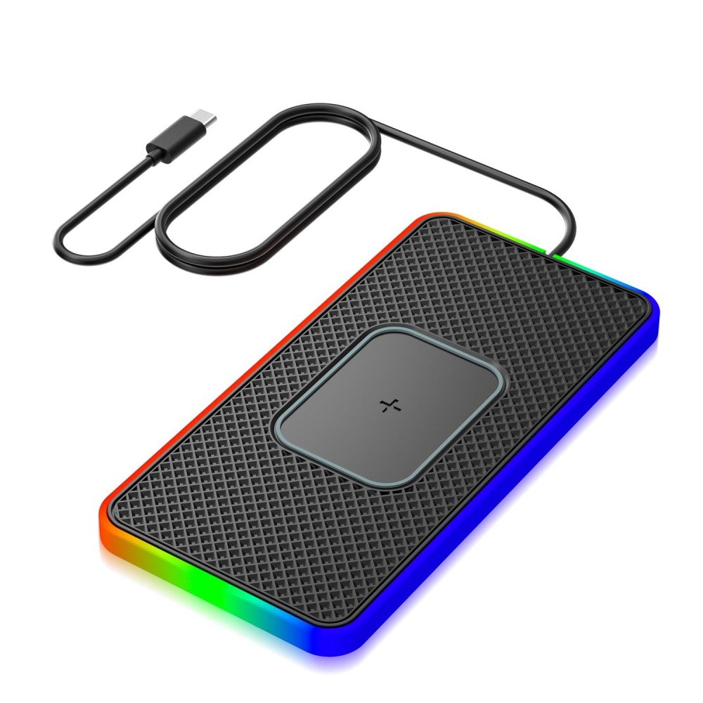 2 In 1 15W Car Mobile Phone Wireless Charger Non-slip Mat with Colorful Light USB-C/Type-C Cable 1m