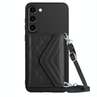 For Samsung Galaxy S23+ 5G Rhombic Texture Card Bag RFID Phone Case with Long Lanyard(Black)