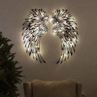 1pair 45cm Double Sided Black Engraved Metal LED Angel Wings Wall Hanging Decoration With Lights