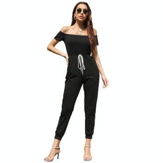 One-shoulder Off-shoulder Short-sleeved Lace-up Solid Color Jumpsuit (Color:Black Size:L)