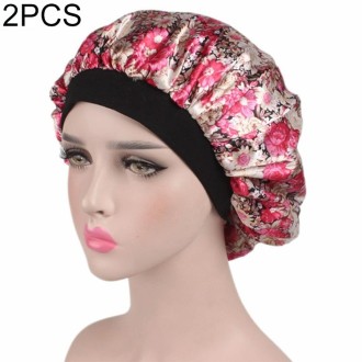 2 PCS Women Satin Night Sleep Cap Hair Bonnet Hat Silk Head Cover Wide Elastic Band(Magenta Small Flower)