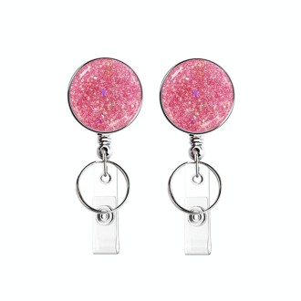 2pcs  Diamond Glitter Sequins Retractable Pull Badge Reel Name Tag Card Badge Holder(Pink)