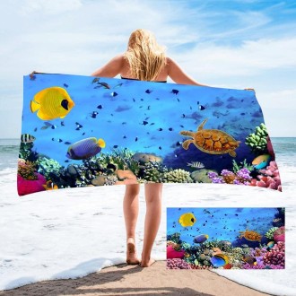 Seaside Portable Microfiber Beach Swim Printed Bath Towel 130x80cm(Turtle + Fish)