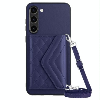 For Samsung Galaxy S23+ 5G Rhombic Texture Card Bag RFID Phone Case with Long Lanyard(Dark Purple)