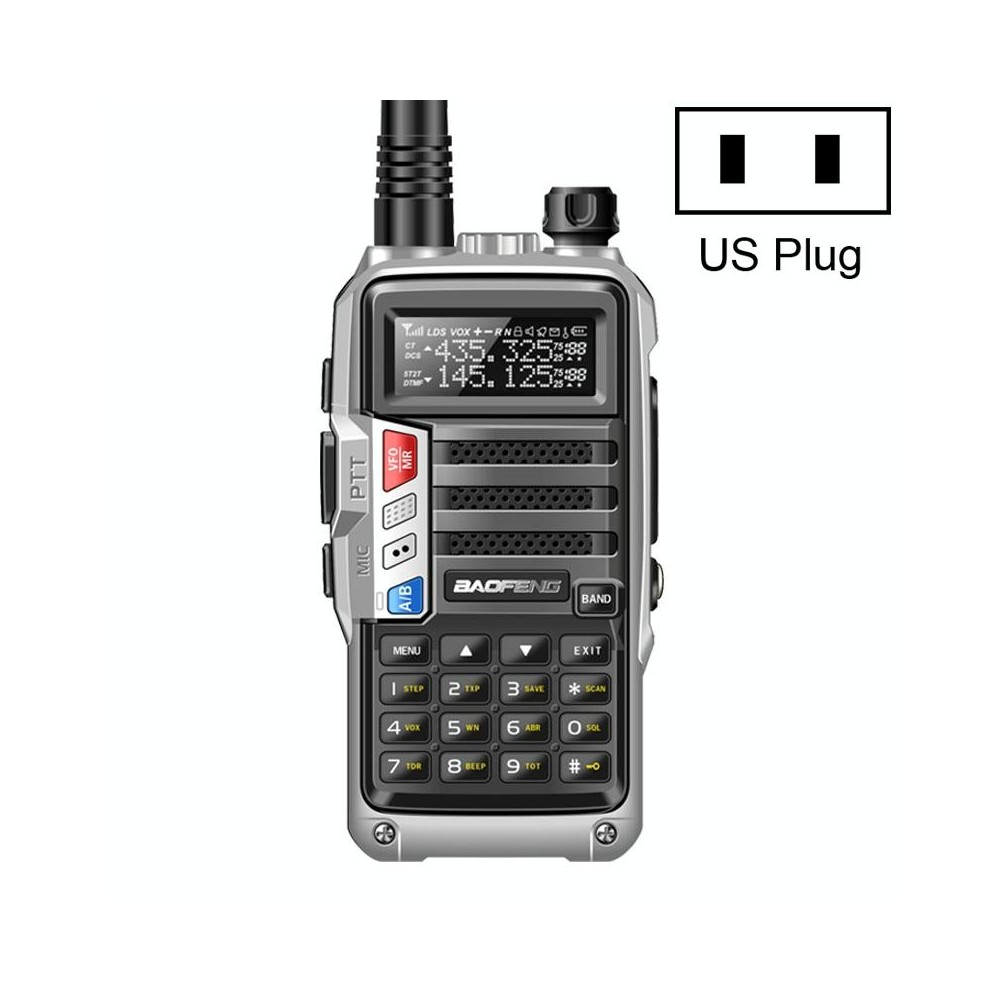 Baofeng BF-UV5R Plus S9 FM Interphone Handheld Walkie Talkie, US Plug (Silver)