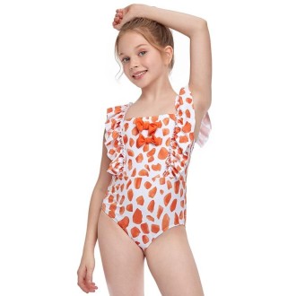 Dot Pattern Ruffled Baby Girls One-piece Swimsuit with Bow-knot Decoration (Color:Orange Size:128)