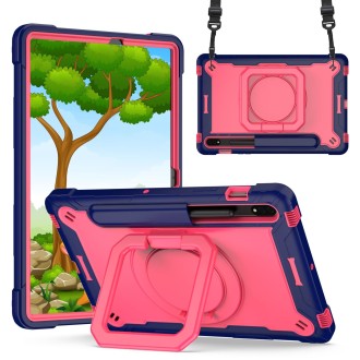 For Samsung Galaxy Tab S7 / S8 Silicone + PC Bracelet Holder Tablet Case(Navy Blue + Rose Red)