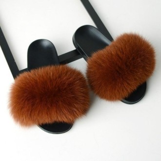 Fox Fur Slippers Flip-flops Non-slip Flat Fur Shoes Sandals for Women, Shoe Size:40-41(25cm)(Caramel)