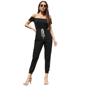 One-shoulder Off-shoulder Short-sleeved Lace-up Solid Color Jumpsuit (Color:Black Size:S)