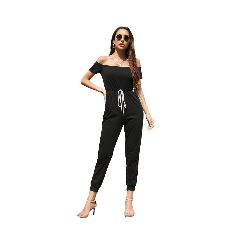 One-shoulder Off-shoulder Short-sleeved Lace-up Solid Color Jumpsuit (Color:Black Size:S)