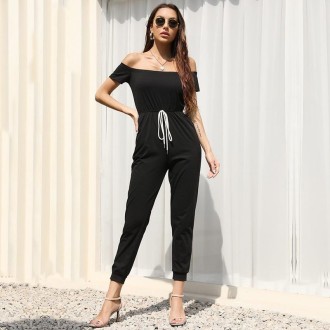 One-shoulder Off-shoulder Short-sleeved Lace-up Solid Color Jumpsuit (Color:Black Size:S)