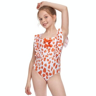 Dot Pattern Ruffled Baby Girls One-piece Swimsuit with Bow-knot Decoration (Color:Orange Size:116)