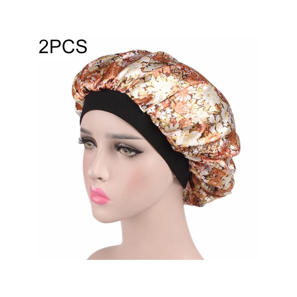 2 PCS Women Satin Night Sleep Cap Hair Bonnet Hat Silk Head Cover Wide Elastic Band(Beige Small Flower)