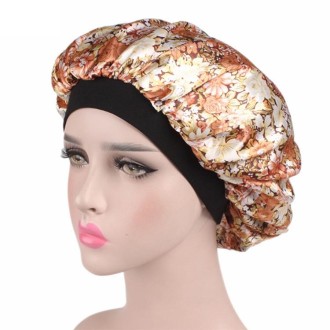 2 PCS Women Satin Night Sleep Cap Hair Bonnet Hat Silk Head Cover Wide Elastic Band(Beige Small Flower)