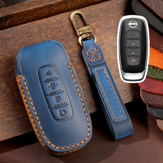 For Nissan Teana / Ariya 4-button Start Hallmo Car Cowhide Leather Key Protective Cover Key Case(Blue)