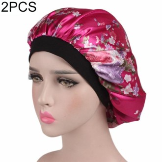 2 PCS Women Satin Night Sleep Cap Hair Bonnet Hat Silk Head Cover Wide Elastic Band(Magenta Flower)