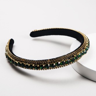 Multi-layer Glass Rhinestones Headband Full Rhinestones Gold Velvet Hairband(Green)