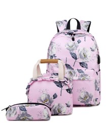 1909-1 3 PCS/Set Printed Backpack Small Fresh Student School Bag Computer Bag Lunch Backpack(Pink)