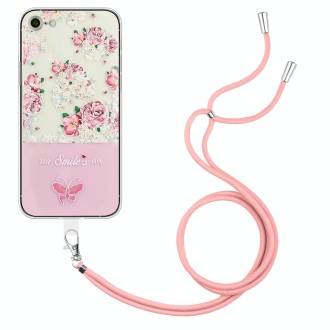 For iPhone SE 2022 / SE 2020 / 8 / 7 Bronzing Butterfly Flower TPU Phone Case with Lanyard(Peony)