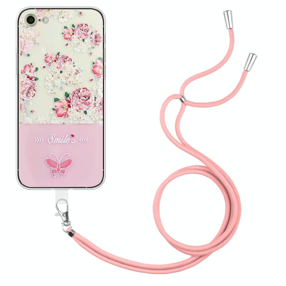 For iPhone SE 2022 / SE 2020 / 8 / 7 Bronzing Butterfly Flower TPU Phone Case with Lanyard(Peony)