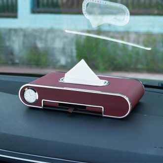 Car Dashboard Diamond Paper Towel Box with Temporary Parking Phone Number Card & Phone Holder & Clock(Wine Red)