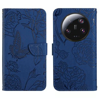 For Xiaomi 13 Ultra HT03 Skin Feel Butterfly Embossed Flip Leather Phone Case(Blue)