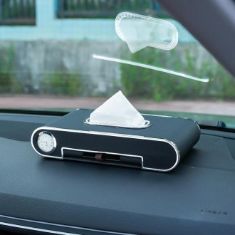 Car Dashboard Diamond Paper Towel Box with Temporary Parking Phone Number Card & Phone Holder & Clock(Black)