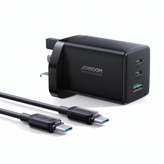 JOYROOM TCG01 GaN Ultra 65W 2 Type-C + 1 USB Fast Charger with 1.2m Type-C Cable, Plug:UK Plug(Black)