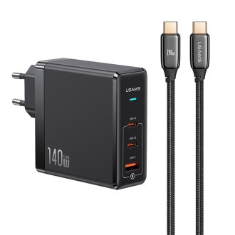 USAMS US-SJ581 T52 3 in 1 140W 3 USB Interfaces GaN Fast Charger Set, EU Plug(Black)