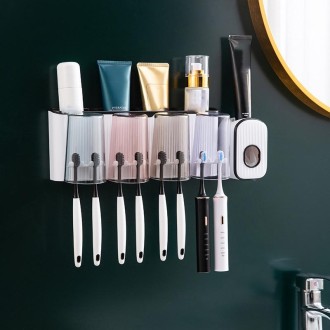 Bathroom Wall-mounted Punch-free Wash Cup Toothbrush Rack Squeeze Toothpaste Set Four Black(With Squeezer)