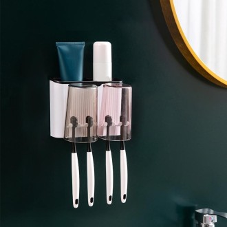 Bathroom Wall-mounted Punch-free Wash Cup Toothbrush Rack Squeeze Toothpaste Set Two Black(No Squeezer)