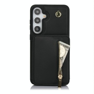 For Samsung Galaxy S24+ 5G YM006 Skin Feel Zipper Card Bag Phone Case with Dual Lanyard(Black)