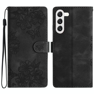 For Samsung Galaxy S24+ 5G Cherry Blossom Butterfly Skin Feel Embossed PU Phone Case(Black)