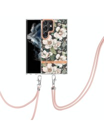 For Samsung Galaxy S23 Ultra 5G Flowers and Plants Series IMD TPU Phone Case with Lanyard(Green Gardenia)