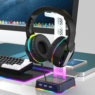 Z3 Cracked With 3USB Expansion Port Headphone Stand RGB Ambient Light Headphone Display Holder(Black)