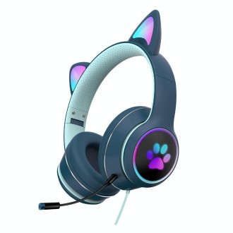 AKZ-022 USB + 3.5mm Port Cat Ear Design Foldable LED Headset with Mic(Dark Blue)