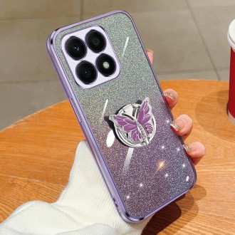 For Honor X8b Plated Gradient Glitter Butterfly Holder TPU Phone Case(Purple)