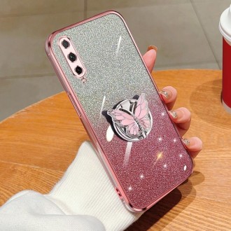 For Honor 20 Lite Plated Gradient Glitter Butterfly Holder TPU Phone Case(Pink)