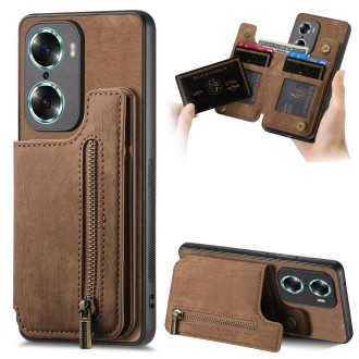 For Honor 60 Retro Leather Zipper Wallet Back Phone Case(Brown)