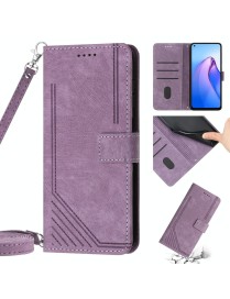For OPPO Reno8 Pro / Reno8 Pro+ Skin Feel Stripe Pattern Leather Phone Case with Lanyard(Purple)