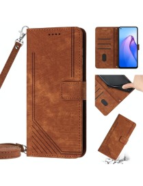 For OPPO Reno6 5G Skin Feel Stripe Pattern Leather Phone Case with Lanyard(Brown)