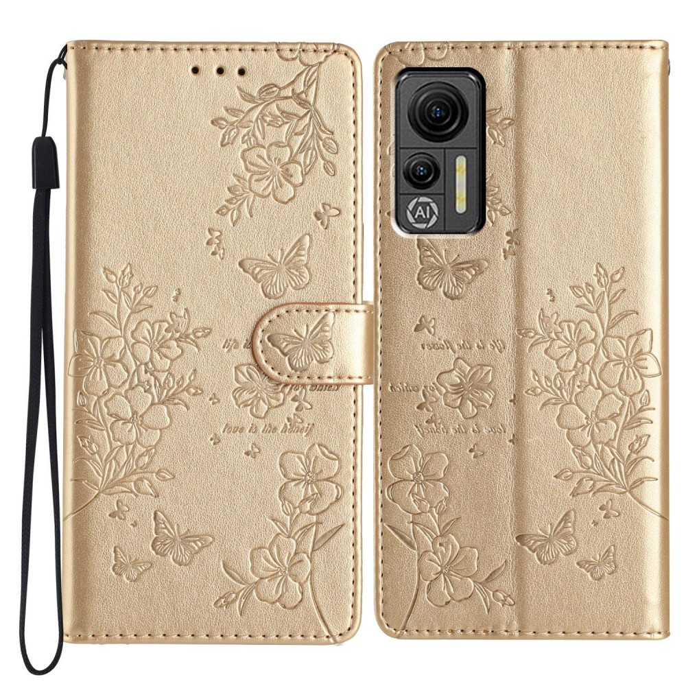 For Ulefone Note 14 Butterflies and Flowers Leather Phone Case(Gold)