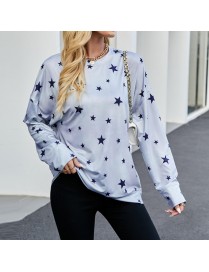 Women Star Print Long Sleeve Shirt (Color:Gray Size:XS)