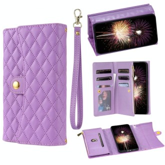 For Google Pixel 6 Pro Zipper Multi-Card Wallet Rhombic Leather Phone Case(Purple)