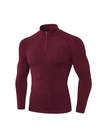 Autumn And Winter Plus Velvet Half Zipper Long-sleeved Slim Fit Sportswear For Men (Color:Wine Red Size:XXL)