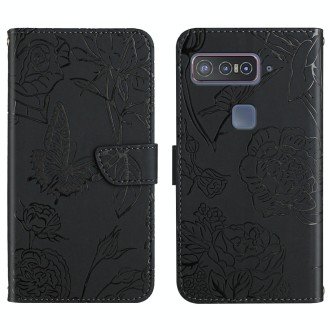 For Asus Smartphone for Snapdragon Insiders Skin Feel Butterfly Peony Embossed Leather Phone Case(Black)