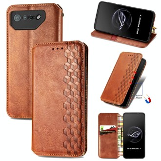 For ASUS ROG Phone 7 Cubic Grid Pressed Magnetic Leather Phone Case(Brown)