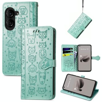 For ASUS Zenfone 10 Cat and Dog Embossed Leather Phone Case(Green)