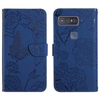 For Asus Smartphone for Snapdragon Insiders Skin Feel Butterfly Peony Embossed Leather Phone Case(Blue)